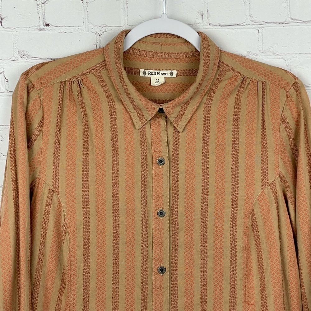 Ruff Hewn Tan/Orange Embroidered Striped Button Up Shirt Long Sleeve Medium - Picture 3 of 10